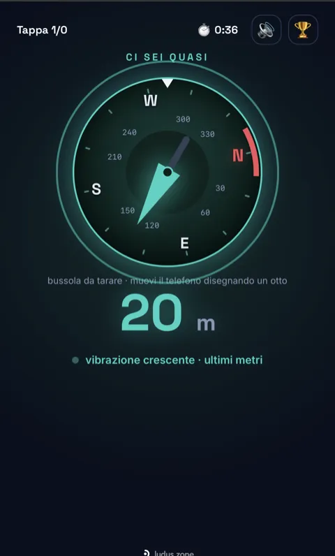 Navigation screen: the compass points to the stage, 20 metres to go.